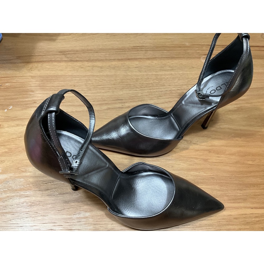 Aldo Stessy Metallic Pewter Ankle Strap Pointed Toe Pumps Stiletto Heels Size10